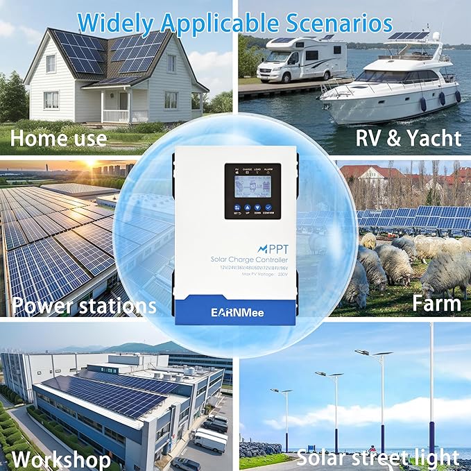 120A MPPT Solar Charge Controller 12-96V Auto-Detect Max 230V VOC 11520W PV Input LiFePO4/Li-ion/Lead-Acid Full-Power MPPT for RV Off-Grid Marine Home Backup