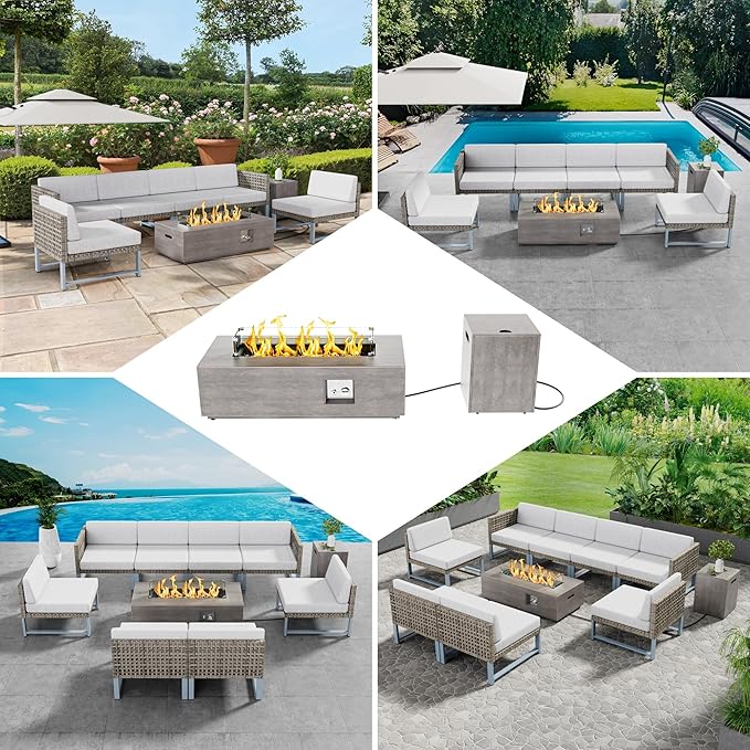 2-Piece 42 LED Rectangular Propane Fire Pit for Outside Patio with Hidden Tank Table 50000 BTU Fireplaces with Glass Wind Guard Lid Glass Rocks Cover(Grey w/Warm Light)