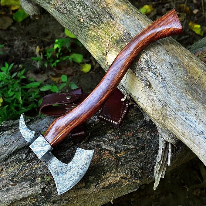 Handmade Damascus Steel Siking Tomahawk Axe for Camping Viking and Hnting Axe with Leather Sheath