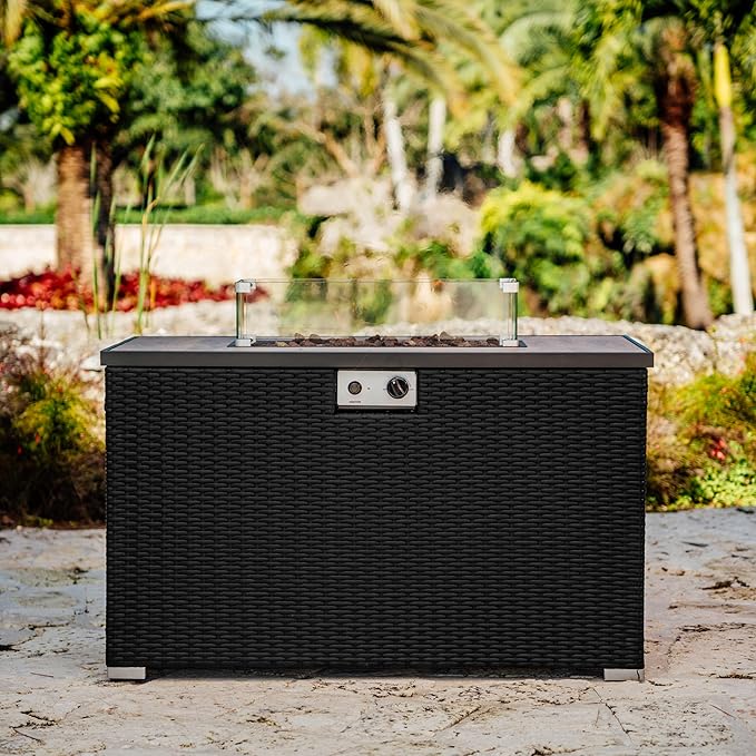 Nestl 43 Inch Fire Pit for Outdoor - 50000 BTU Outdoor Propane Fire Pit Table with Lid Rain Cover &amp Lava Rocks - Patio Fire Pit Table with Tempered Glass for Backyard Gatherings - Black