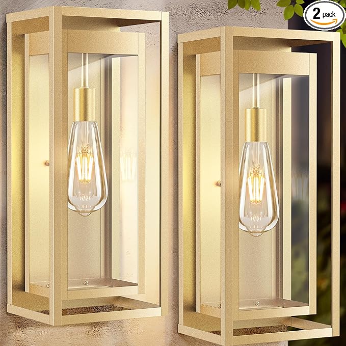 Large Outdoor Wall Sconce 2 Pack 19 Gold Outdoor Light Fixture Exterior Lighting Fixtures Anti-Rust Porch Lights with Clear Glass for Front Door Garage