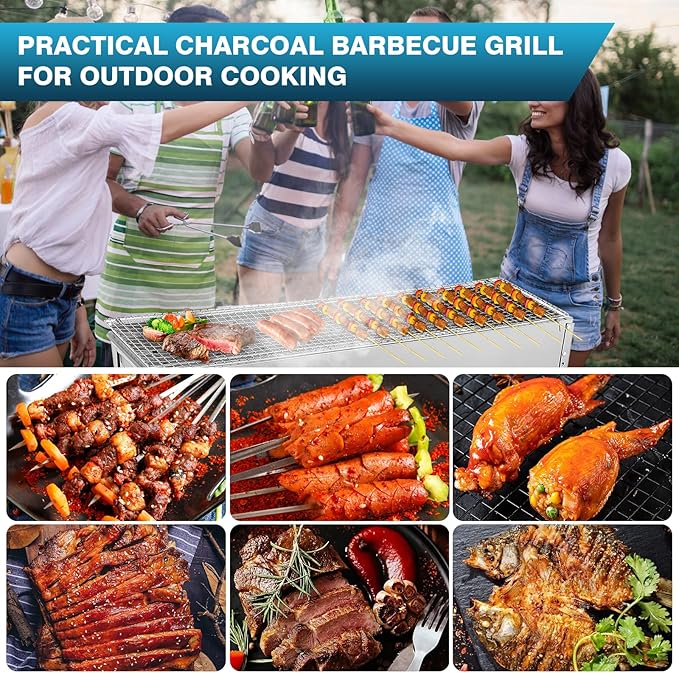 IRONWALLS Portable Charcoal Grills 32 x 8 Stainless Steel Folded Camping Grill Kebab Skewer Barbecue Grill Kit for Garden Backyard Party Picnic Travel Home Outdoor Cooking Use