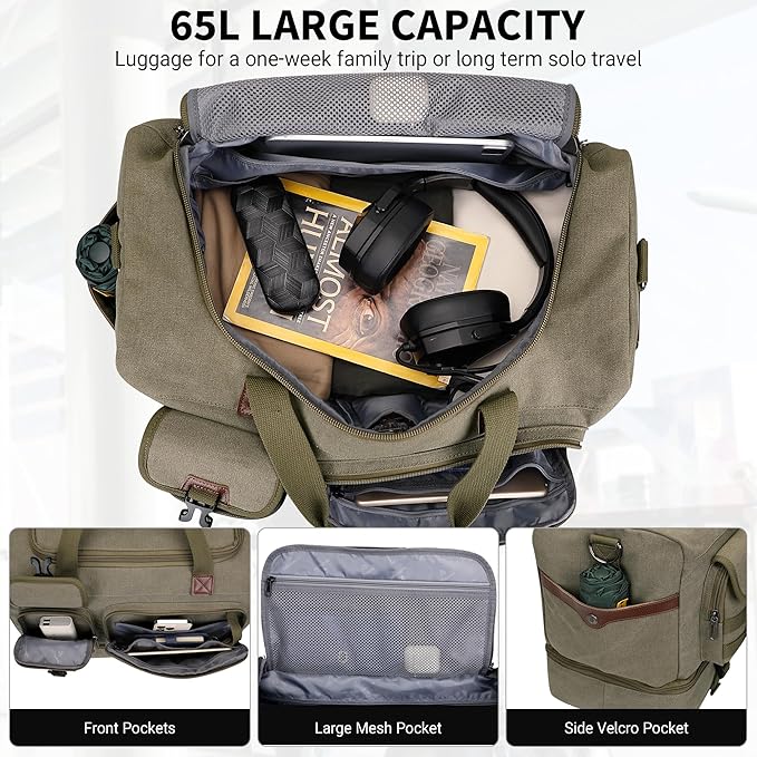 WITZMAN Duffle Bag for Men 50L Canvas Weekender Overnight Bag with Toiletry Bag Sets Travel Duffel Bag Shoes Compartment(A8010/2 Army Green)