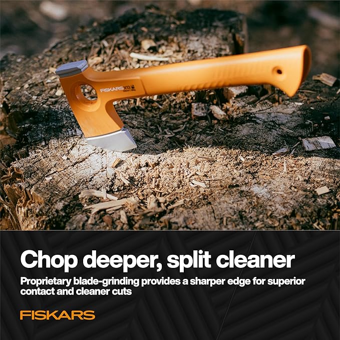 Fiskars X13 Ultralight Hiking Axe 13 Ultra-Sharp Forged Steel Blade for Efficient Chopping &amp Camping 15% Lighter High-Visibility Orange FiberComp Handle Drives Tent Stakes Sheath Included