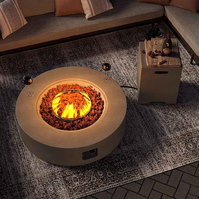 SUNBURY Outdoor 42 Inch Propane Fire Pit Table Circular Gray Patio Fire Table 50000 BTU w 20 lbs Tank Cover Waterproof Cover Free Lava Rocks