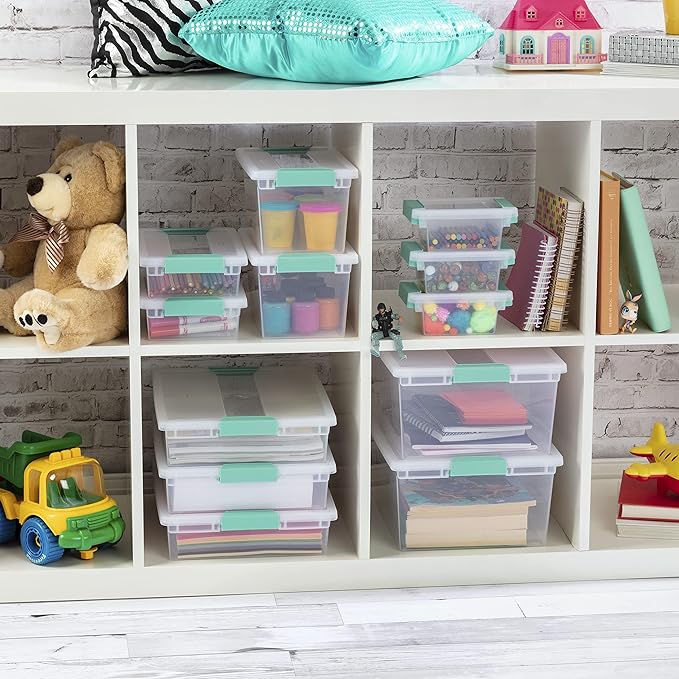 Sterilite Medium Clip Box Stackable Small Storage Bin with Latching Lid Plastic Container to Organize Office Crafts Clear Base and Lid 4-Pack