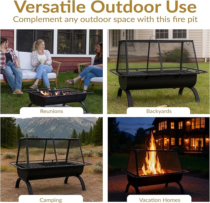 Sunnydaze 36-Inch Northland Steel Outdoor Fire Pit with Grill - Outdoor Fireplace with Cooking Grate Spark Screen Cover and Poker