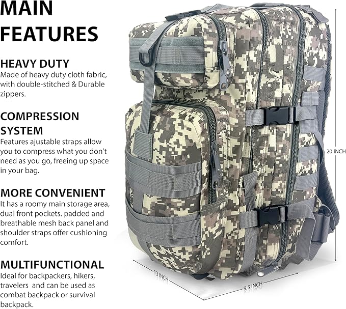 ASA TECHMED Large Tactical Backpack - IFAK Military-Grade Assault Pack Everyday Carry Use Military Backpacks Tactical (Gray Camo)
