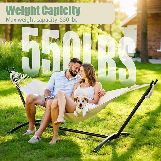 2 Person Hammock with Stand for Indoor &amp Outdoor 550lbs Sturdy Steel Frame - Anti-Flip Curved Bars Safety - Comfortable Cotton Portable Hammock for Patio Sunroom Bedroom Natural Beige