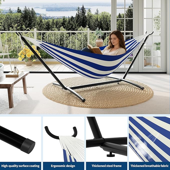 Double Hammocks with Stand for Outside Portable Space Saving Heavy-Duty Steel Stand for Indoor Outdoor Patio with Carrying Bag 450 lbs Capacity