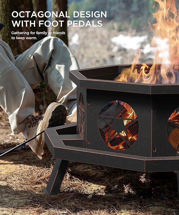 35 inch Fire Pit Large Firepits for Outside Wood Burning Fire Pits with Cooking Grill Outdoor Fire Pit Octagonal Heavy Duty Firepit with Poker for Bonfire Backyard Patio Bronze