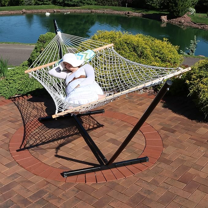 Sunnydaze Rope Hammock with Stand for Outside- 275-Pound Capacity - Includes 12-Foot Hammock Stand Spreader Bar Pad and Pillow - Blue and Green Chevron