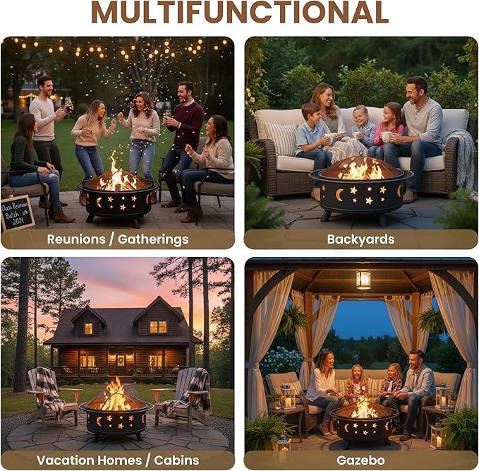 Fire Pit - 32-Inch Outdoor Wood Burning Firepit with Screen Poker and Cover - Outdoor Fire Pits for Backyard Deck or Patio by Pure Garden (Black)