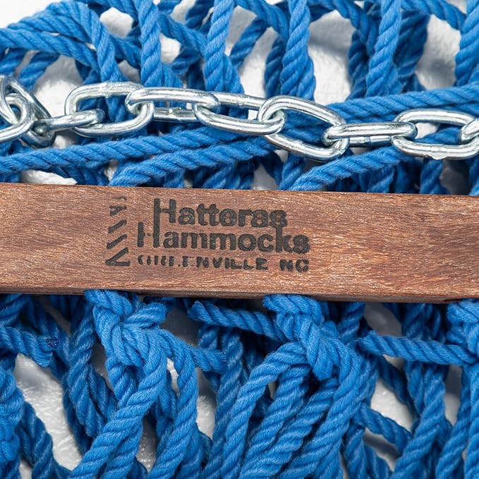 Hatteras Hammocks DC-15CB Executive Coastal Blue Duracord Rope Hammock with Free Extension Chains &amp Tree Hooks Handcrafted in The USA Accommodates 2 People 450 LB Weight Capacity 13 ft. x 65 i