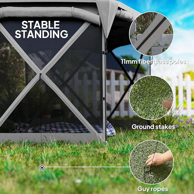 11x11ft Quality Construction Pop-Up Gazebo Screen Tent with Removable Roof Cover and Retractable Wind Panels in Dark Gray
