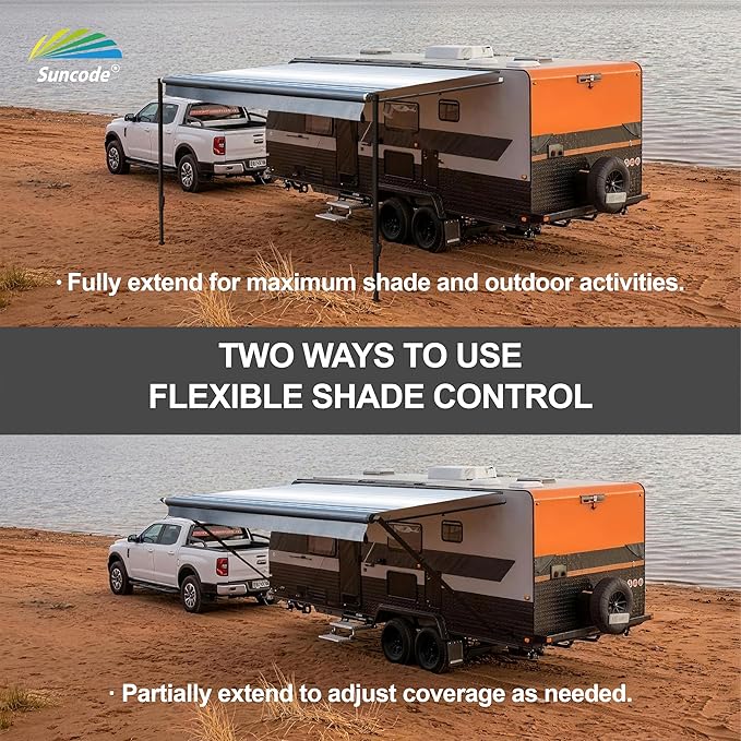 Suncode RV Awning for RVCamper&ampTravel Trailers–Manual RV Awning Complete KitManual Camper AwningRV Roll Out Awning– 11x8Ft – Black Frame &ampBlue Strip