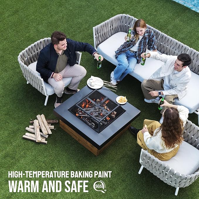WILDMOS 36 Firepits for OutsideWood Burning Fire Pit with Wood-Grain Side PanelsFirepit for Outside with Mesh Cover &amp Fire PokerSquare Modern Outdoor Fireplace Fire Table.