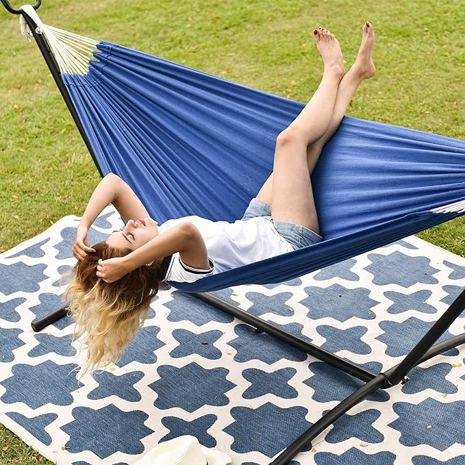 Lazy Daze Hammocks Double Hammock with 9ft Space-Saving Steel Stand Includes Portable Carrying Case 450 Pounds Capacity (Dark Blue)