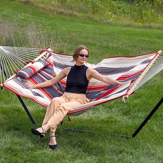 Sunnydaze Rope Hammock with Stand for Outside- 275-Pound Capacity - Includes 12-Foot Hammock Stand Spreader Bar Pad and Pillow - Modern Lines