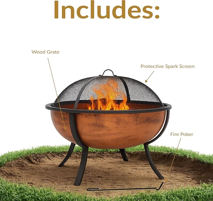 Sunnydaze 32-Inch Copper Fire Pit for Outside - Wood-Burning Fire Pit Bowl with Spark Screen Wood Grate and Poker
