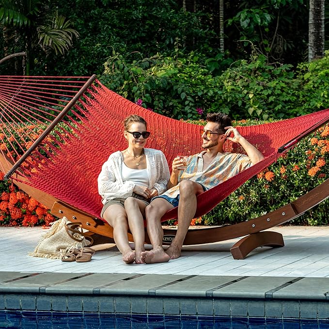 Lazy Daze Hammocks 10.5 FT Double 2 Person Caribbean Rope Hammock Hand Woven Polyester Hammock with Spreader Bars for Outside Outdoor Backyard Patio Poolside 450 LBS Capacity Red
