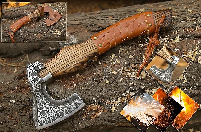 13” Inch Viking Axe- Ash Wood Handle Hatchets and Axes with Leather Wrap Wood Splitting Axe Camping Axe Throwing Axes and Tomahawks - Gift for Father’s Day Husband(Rare Viking)