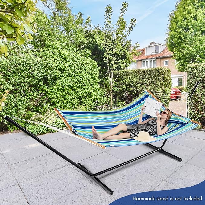 Goplus 10.5 FT Hammock Quilted 2 Person Hammock w/Detachable Pillow 330LBS Capacity Curved Hardwood Spreader BarQuick Dry Fabric Portable Paddled Hammock Swing for Patio Yard Porch Indoor Outdoor