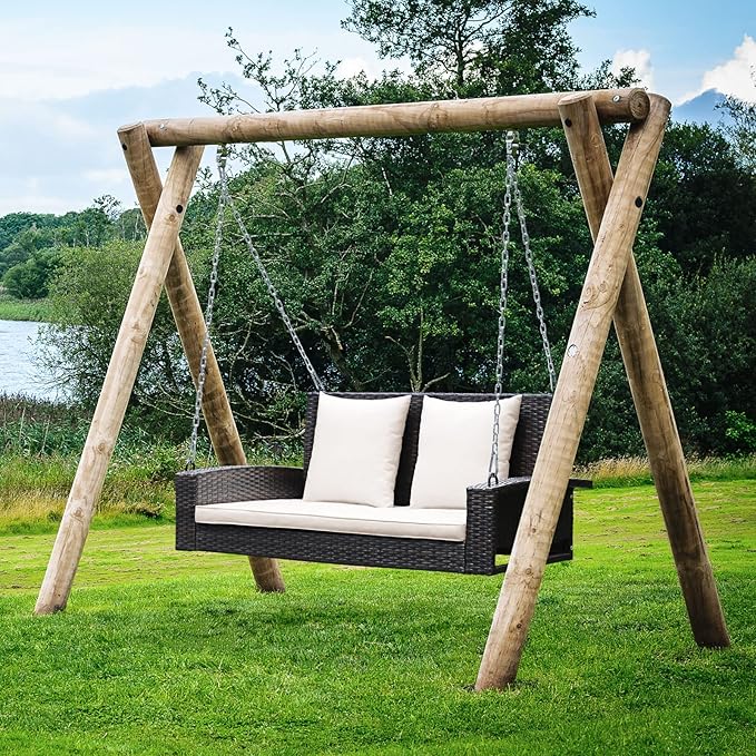 Tangkula 2-Person Wicker Porch Swing Patiojoy Outdoor Rattan Hanging Swing Bench W/ 2 Back Cushions &amp 1 Seat Cushion Sturdy Steel Chain 800lbs Weight Capacity