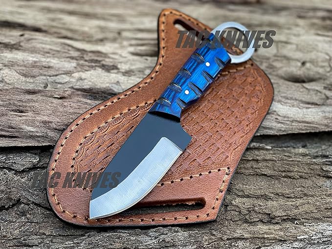 TAC KNIVES 7'' Full Tang Fixed Blade Outdoor Camping Hunting Knife In Sheath Gift For Him | 1095 High Carbon Steel Knife | SKINNER Gift | Cowboy knives | Pancake leather sheath (BLUE)