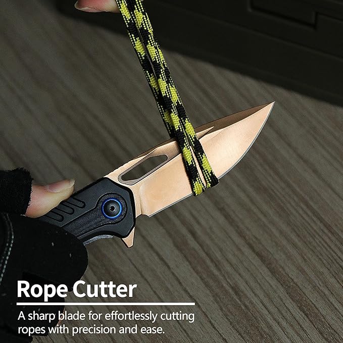 Unique Valentine‘s Gift Gold Blade Pocket Knife 3.3” Gold D2 Steel Black Aluminum &amp G10 Handle Fast-Open Thumb Hole Gift Case