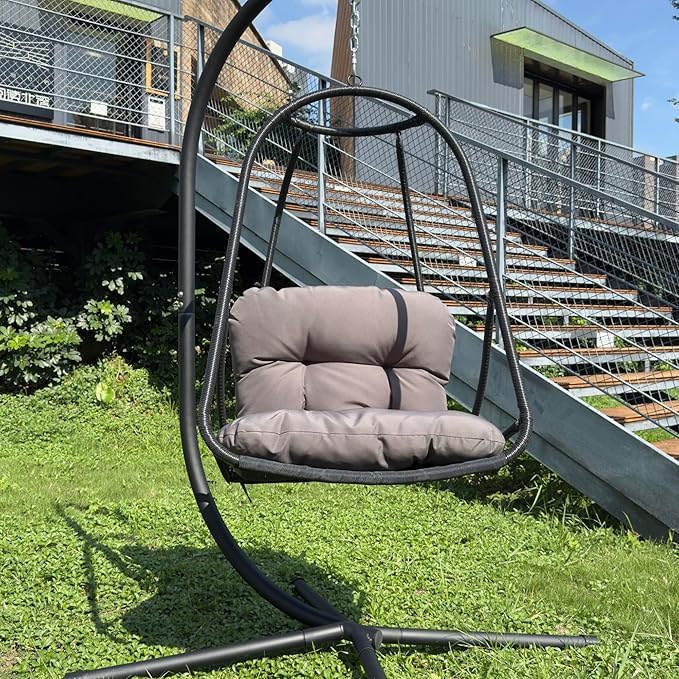 Swing Egg Chair with Stand for Indoor and Outdoor Use Wicker Rattan Patio Basket Hanging Chair with C-Type Bracket Includes Cushion and Pillow Foldable Design with Cup Holder