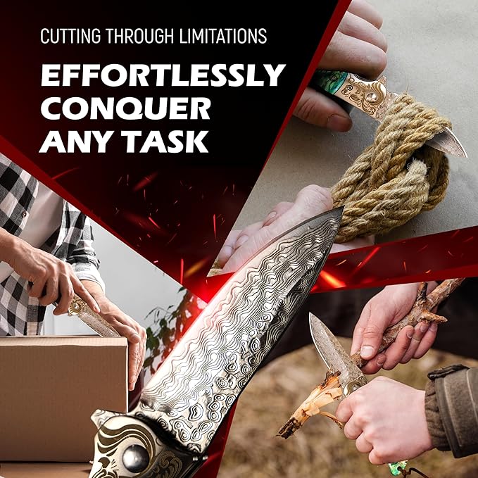 MINI.KATANA Unleash Damascus Pocket Knife - 67-layer VG10 Steel Damascus Folding Knife with Clip Leather Sheath - High Carbon Steel Pocket Knife for Men - Handmade Sharp and Durable