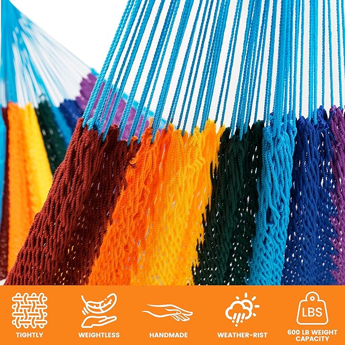 Lazy Daze Hammocks Handwoven Mayan Hammock 10.5 FT Soft Rope Double Hammocks Portable Outdoor Hammock with Carry Bag 2 Straps &amp Carabiners for Patio Outside 550 lbs Weight Capacity Rainbow