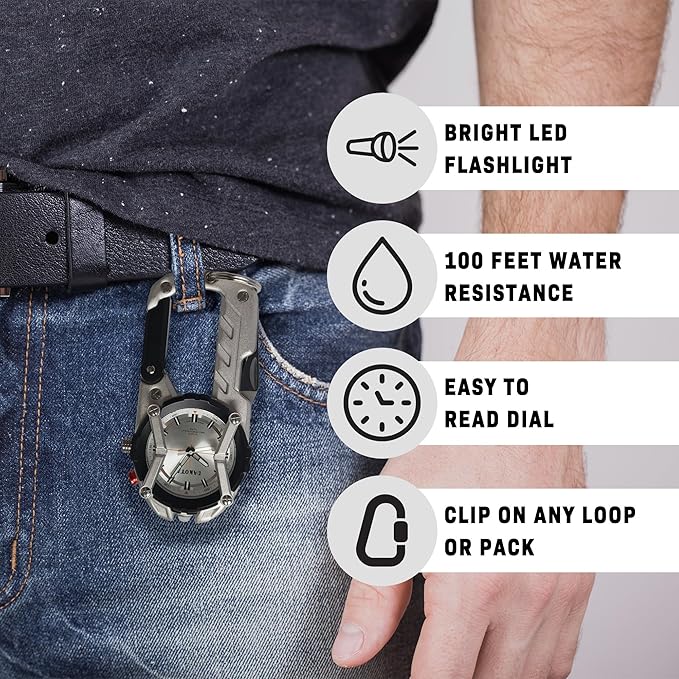 Multitool Clip Watch for Men – Silver | 100ft Water Resistant Clip-On Watch with LED Light Bottle Opener Screwdriver &amp Carabiner – Stainless Steel Outdoor Work &amp Camping Tool