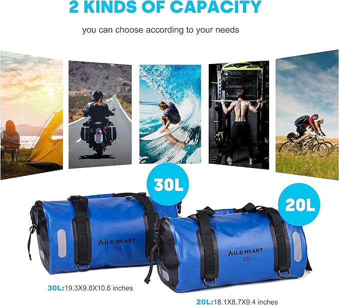WILD HEART Waterproof Bag Duffel Bag 20L 30L 40L with Welded Seams Shoulder Straps Mesh Pocket for Kayaking Camping BoatingBicycleMotorcycle