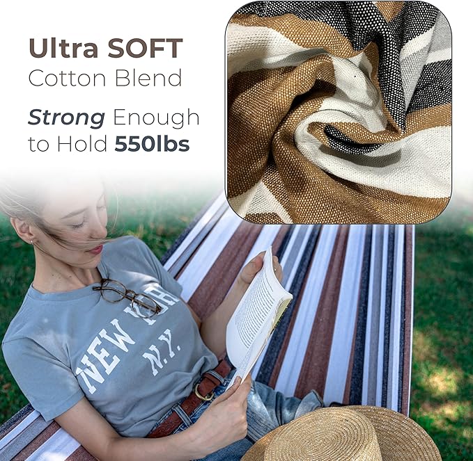 Backyard Expressions Double Camping Hammock with Steel Stand &amp Carrying Bag Adjustable Height Ultra Soft Cotton Blend 550 lb Capacity Indoor &amp Outdoor Portable Hammock