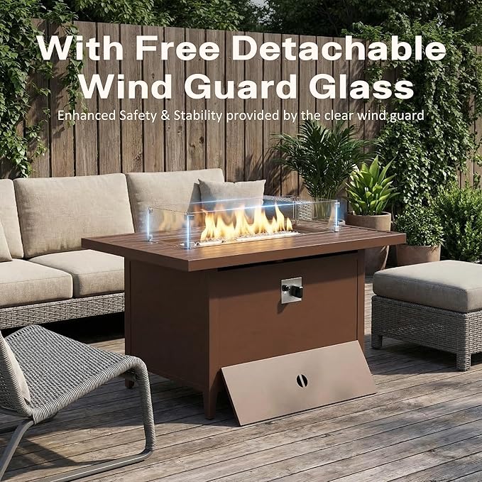 43 Aluminum Propane Fire Pit Table with 55000 BTU Rectangle Outdoor Gas Fire Table with Glass Wind Guard Glass Stones &amp Waterproof Cover Patio Fire Table for Backyard Deck Garden Brown