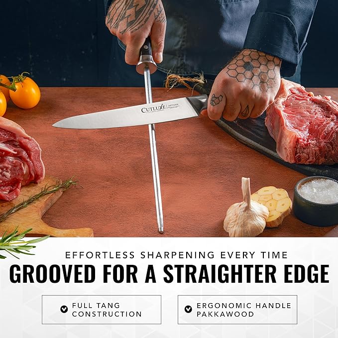 Cutluxe Honing Rod Sharpening Steel for Kitchen Knives – 12 Honing Steel – Ergonomic Handle Design – Artisan Series