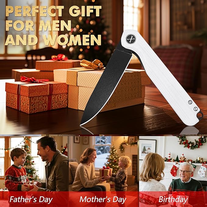 Father's Day Mother's Day &amp Birthday Gift for Him or Her - Unique White Pocket Knife for Men or Women Premium Folding Knife with D2 Steel &amp G10 Handle Fast One-Hand Open Flipper for EDC Ca