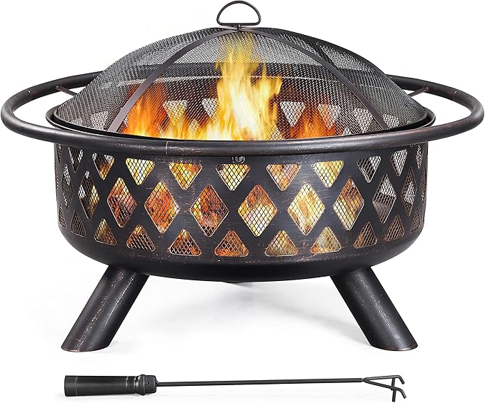 Yaheetech Fire Pit 36in Outdoor Wood Burning Fire Pits Wood Large Fire Bowl for Outside BBQ Bonfire Patio with Mesh Spark Screen Poker and Rain Cover