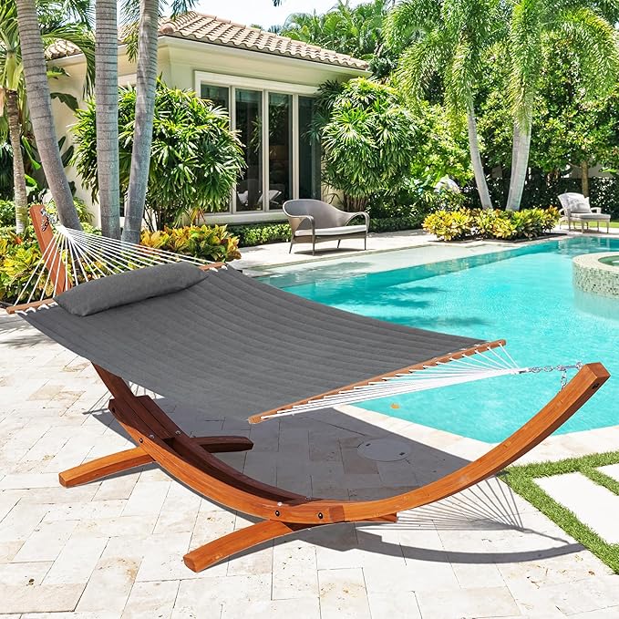 Lazy Daze Hammocks 12 FT Sunbrella Fabric Quilted Hammock Double Sunbrella Quilted Hammock with Spreader Bars &amp Pillow All Weather and Fade Resistant for Outdoor 450 lbs Capacity Cast Slate