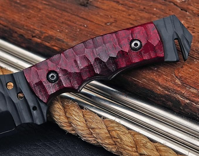 Ottoza Tanto Tactical Knife with Fixed Blade and Horizontal Carry Leather Sheath - Compact Military EDC Knife - Dark Red Micarta Handle 381
