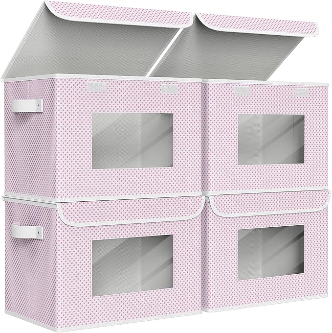 Univivi Fabric Foldable Storage Boxes [4-Pack] Large Collapsible Stackable Storage Bins with Lids Closet Organizers and Storage Cube Basket for Home Office Bedroom (Pink 17”x 12” x 12”)