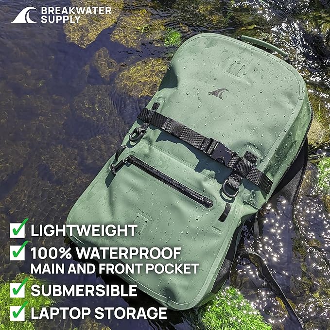 Breakwater Supply™ Fogland Waterproof IP68 Submersible Backpack | Laptop Sleeve &amp Airtight Zippers for Outdoors Hunting Fishing Waterfowl Floating Dry Bag Unisex TPU (Marsh Green 25L)