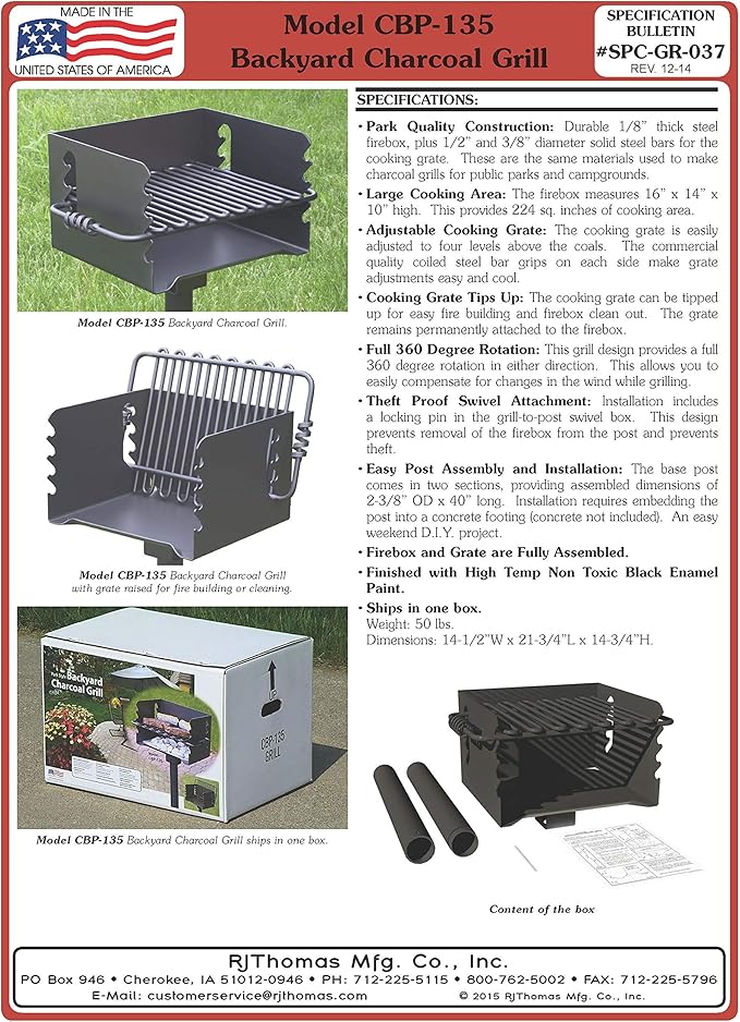 Pilot Rock CBP-135 Charcoal Grill Park Style Outdoor BBQ Camping Grill with Swivel