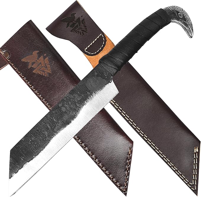 Odin's Raven Viking-styled Seax Knife 10.4 - Hand Forged 6.3 Carbon Steel Blade Raven's Head Hilt and 2 Genuine Leather Sheaths - Unique Medieval Style - Norse Knife for Hunting &amp Camping