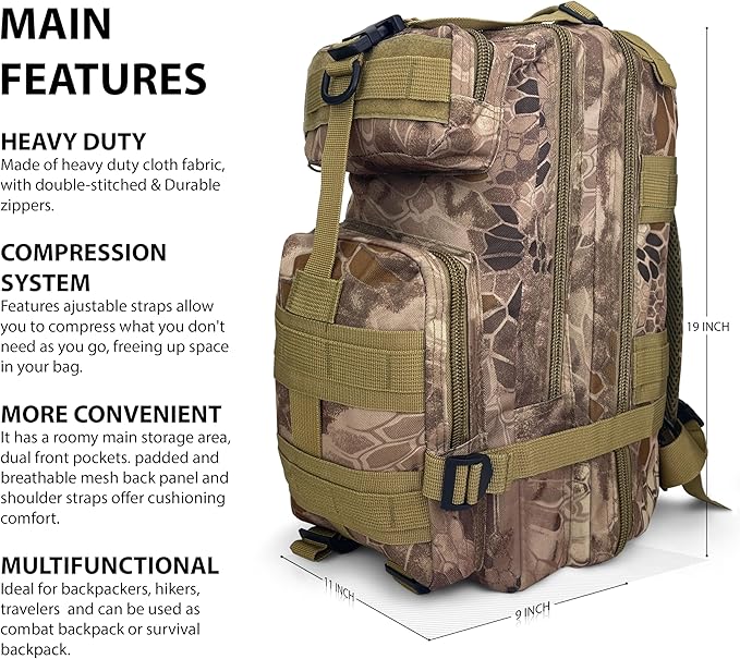 ASA TECHMED Tactical Backpack - Durable 3-Day Pack for Hiking Emergency Preparedness - Hydration Compatible (Snake Brown)