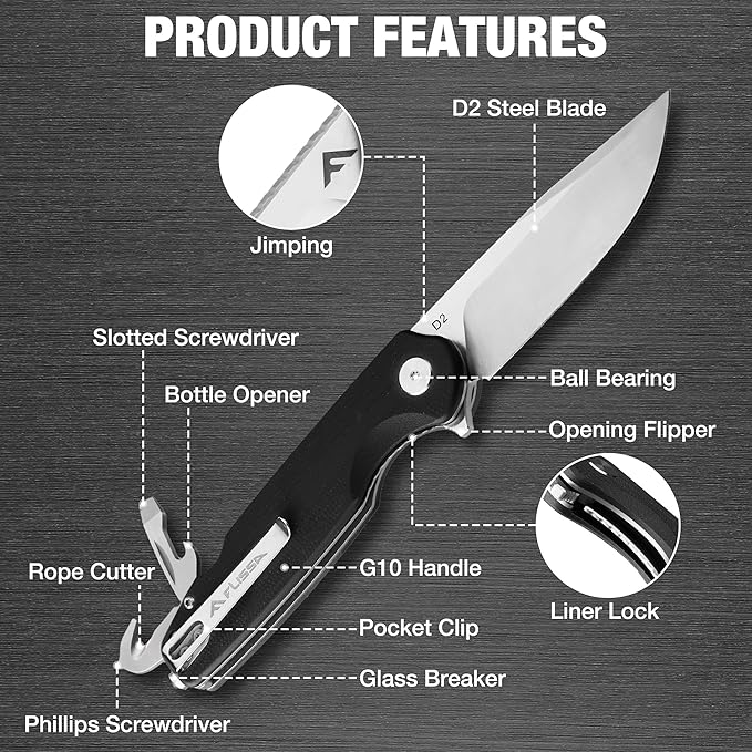 FLISSA Multitool Pocket Knife 3.3 D2 Blade with G10 Handle Liner Lock Folding Knife with Glass Breaker Screwdrivers Bottle Opener &amp Rope Cutter for EDC Survival Camping Hiking (Black)