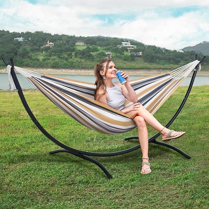 SUNCREAT 2 Person Hammock with Stand Heavy Duty Free Standing Hammock with Stand Included Coffee Stripes