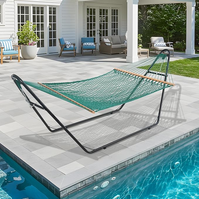 Lazy Daze Hammocks 12FT Double Rope Hammocks 2 Person Hand Woven Cotton Hammock with Spreader Bar for Outside Patio Poolside FIT 13-15 FT Stand Max 450 Lbs Green 141 x 57 inches